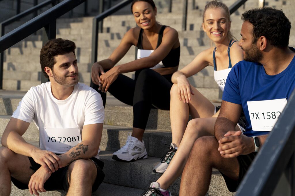 people sitting stairs close up